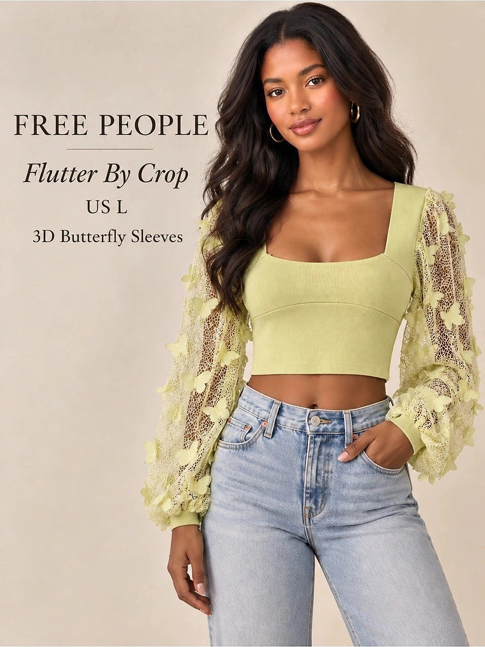 Free People Flutter By Crop Butterfly Sleeve Top Lemon L NWT